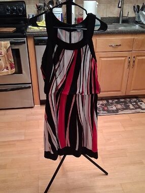 White House Black Market Black, White & Red Striped Blouson Midi Dress
